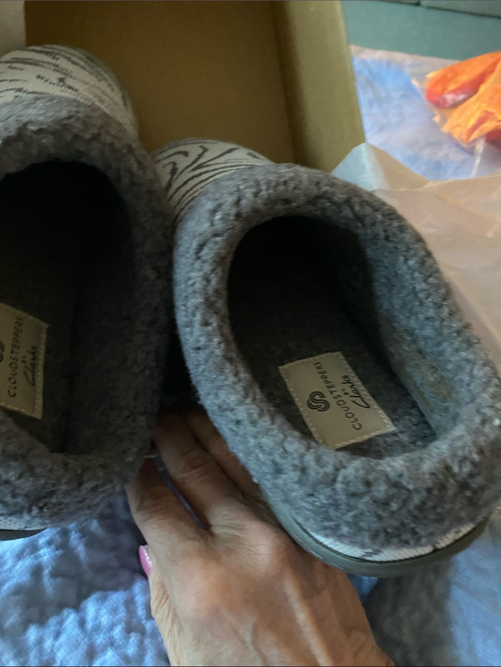 Clarks Gray Zebra Print Plush Cuff Slip-On Slippers - Picture 4 of 5